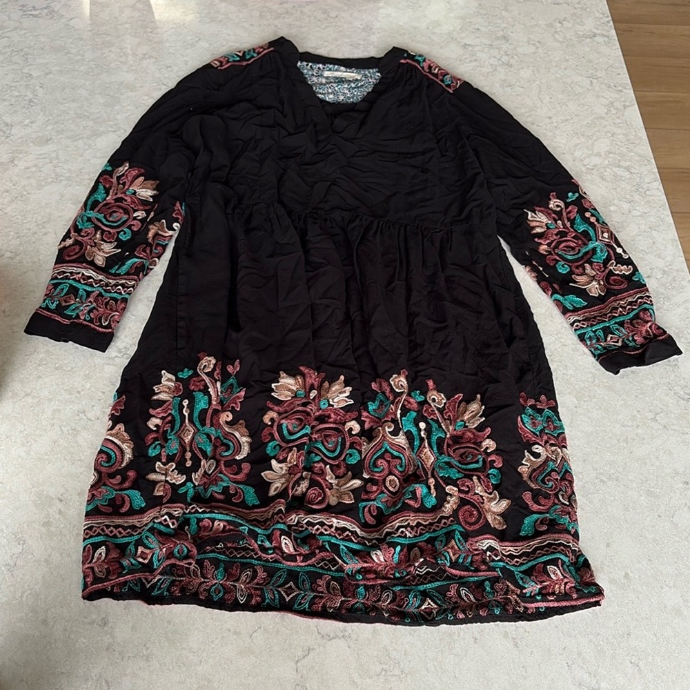 Anthropologie Black Dress with Floral Embroidery